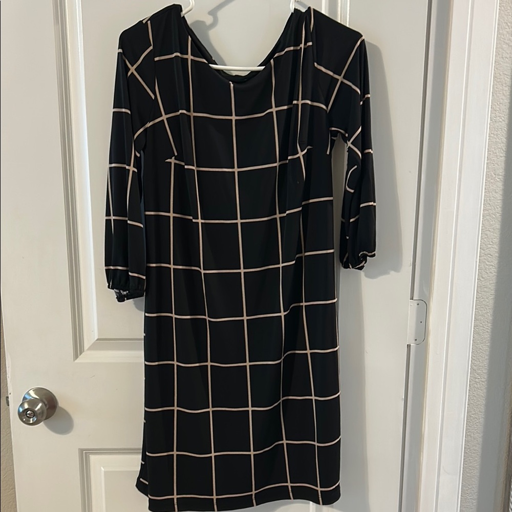 Enfocus Studio Black Dress with Tan Grid Pattern